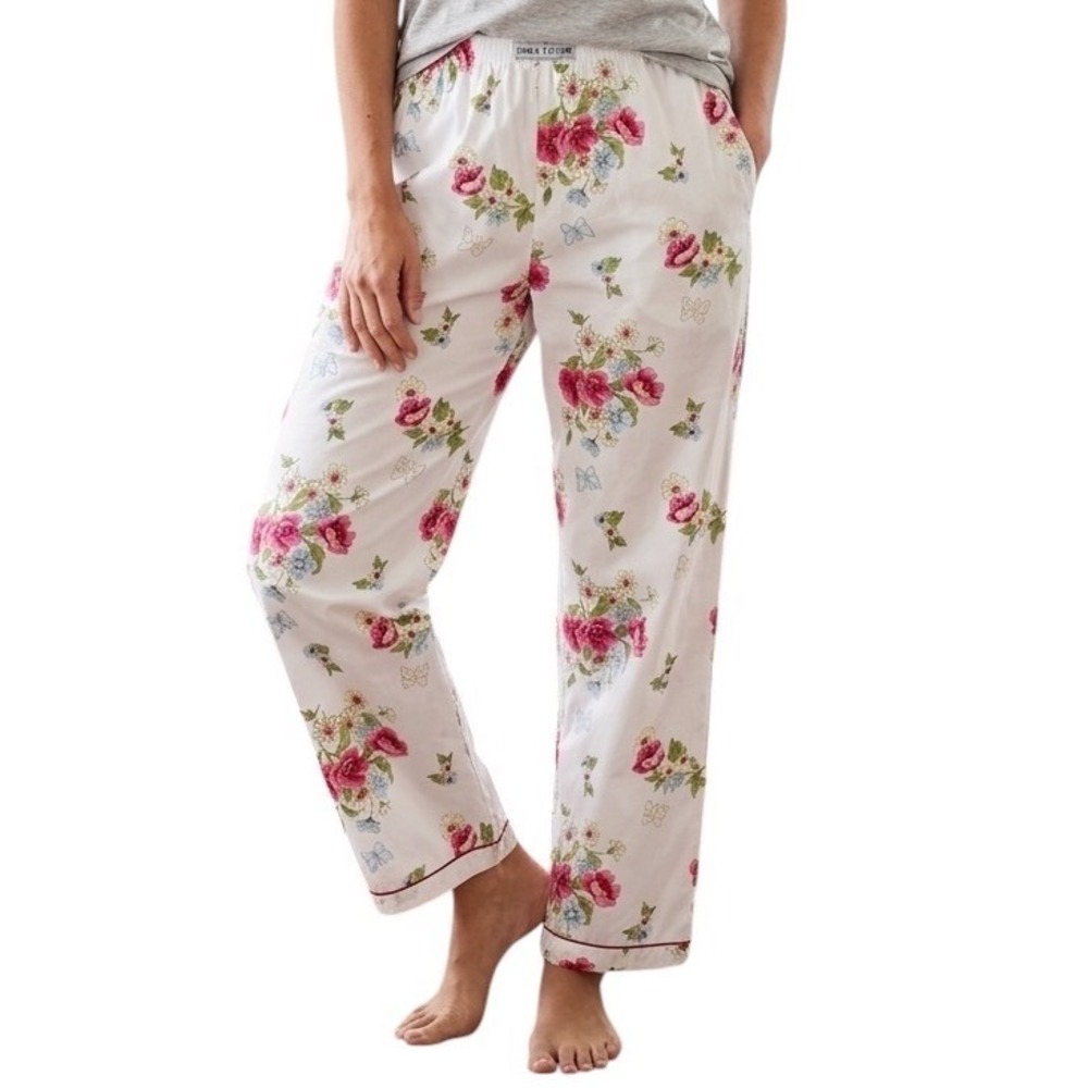 Erika Taylor Intimates Womens Large Floral Butterfly Cotton Pajama Pants White